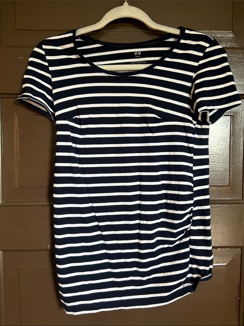 H&M “mama” Navy & White Striped Short Sleeve tee shirt; small